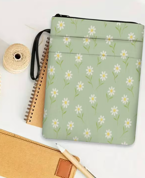 Green Daisy Book Sleeve & Storage Pouch – Zipped Book Protector Case