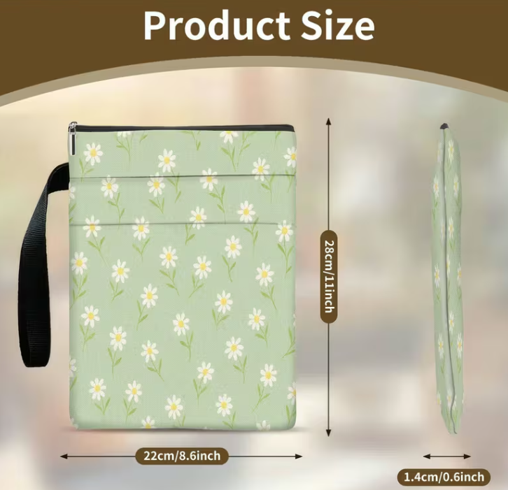 Green Daisy Book Sleeve & Storage Pouch – Zipped Book Protector Case