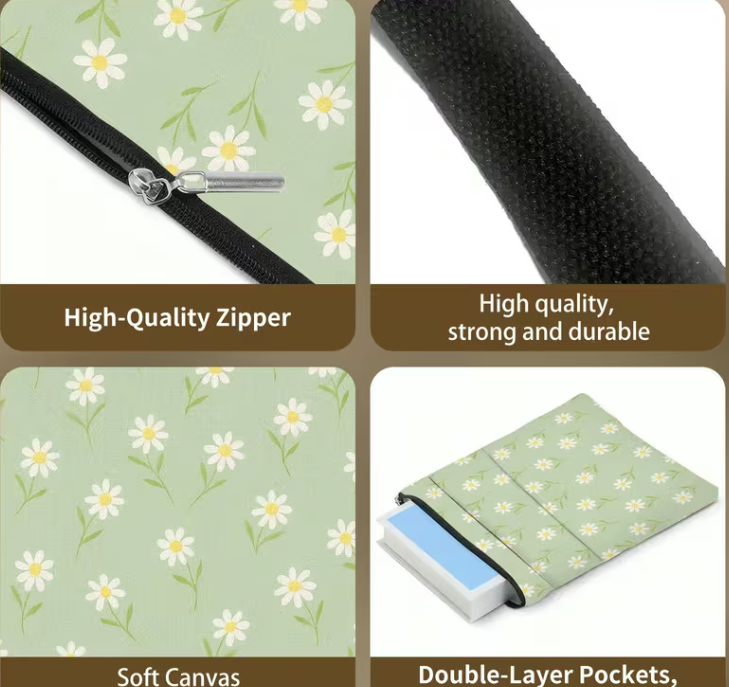 Green Daisy Book Sleeve & Storage Pouch – Zipped Book Protector Case